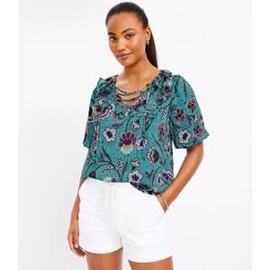 Ann Taylor LOFT Top XS Green Floral Lace Up Short Sleeve Ruffle Blouse